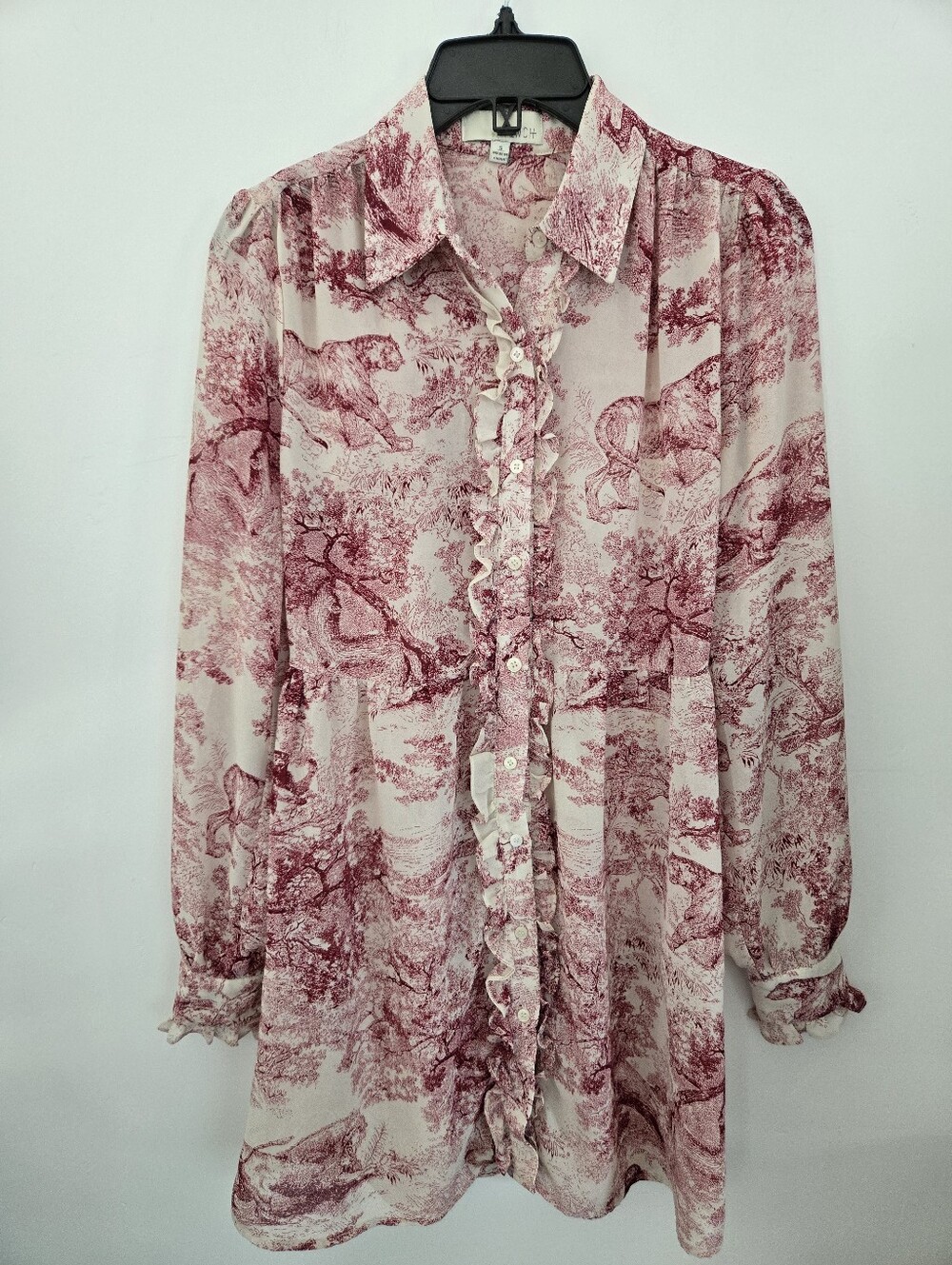 PINCH red white toile de Jouy printed mini shirt dress. Size Small.